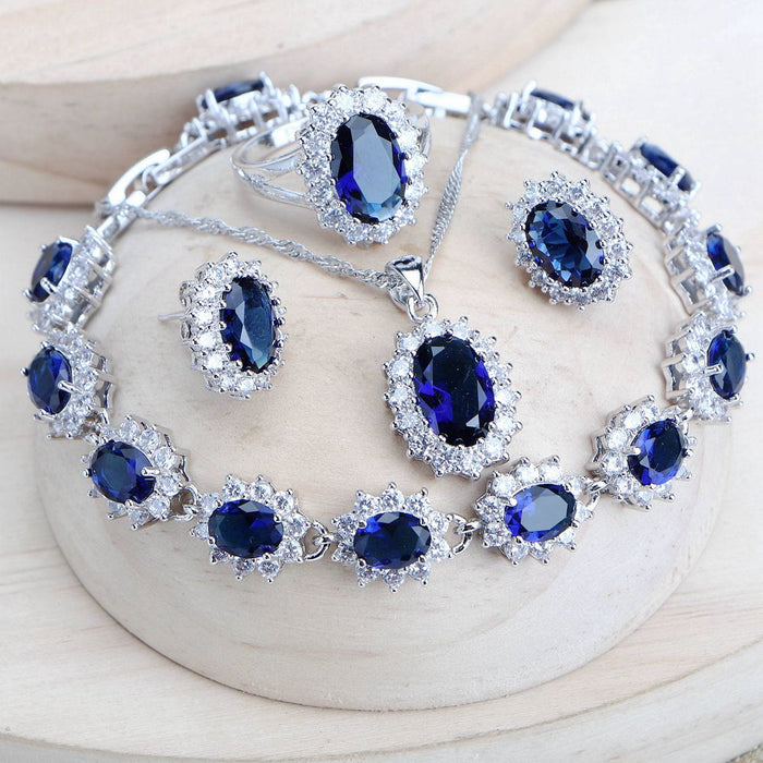 Silver 925 Women Bridal Jewelry Sets Blue Zirconia Costume Fine Jewellery Wedding Necklace Earrings Rings Bracelets Pendant Set